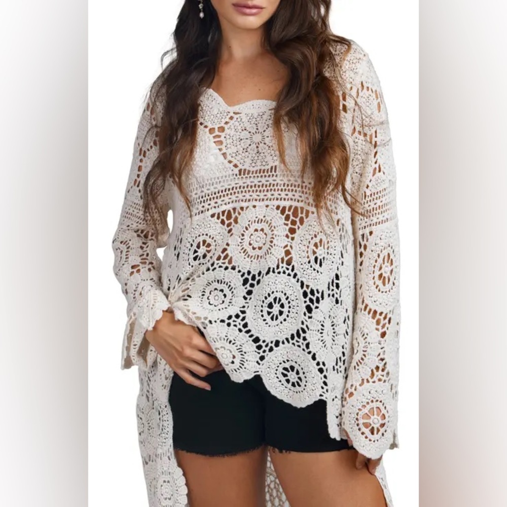 NWT Via Ritina White Cotton Crochet Long Sleeve Sweater Top